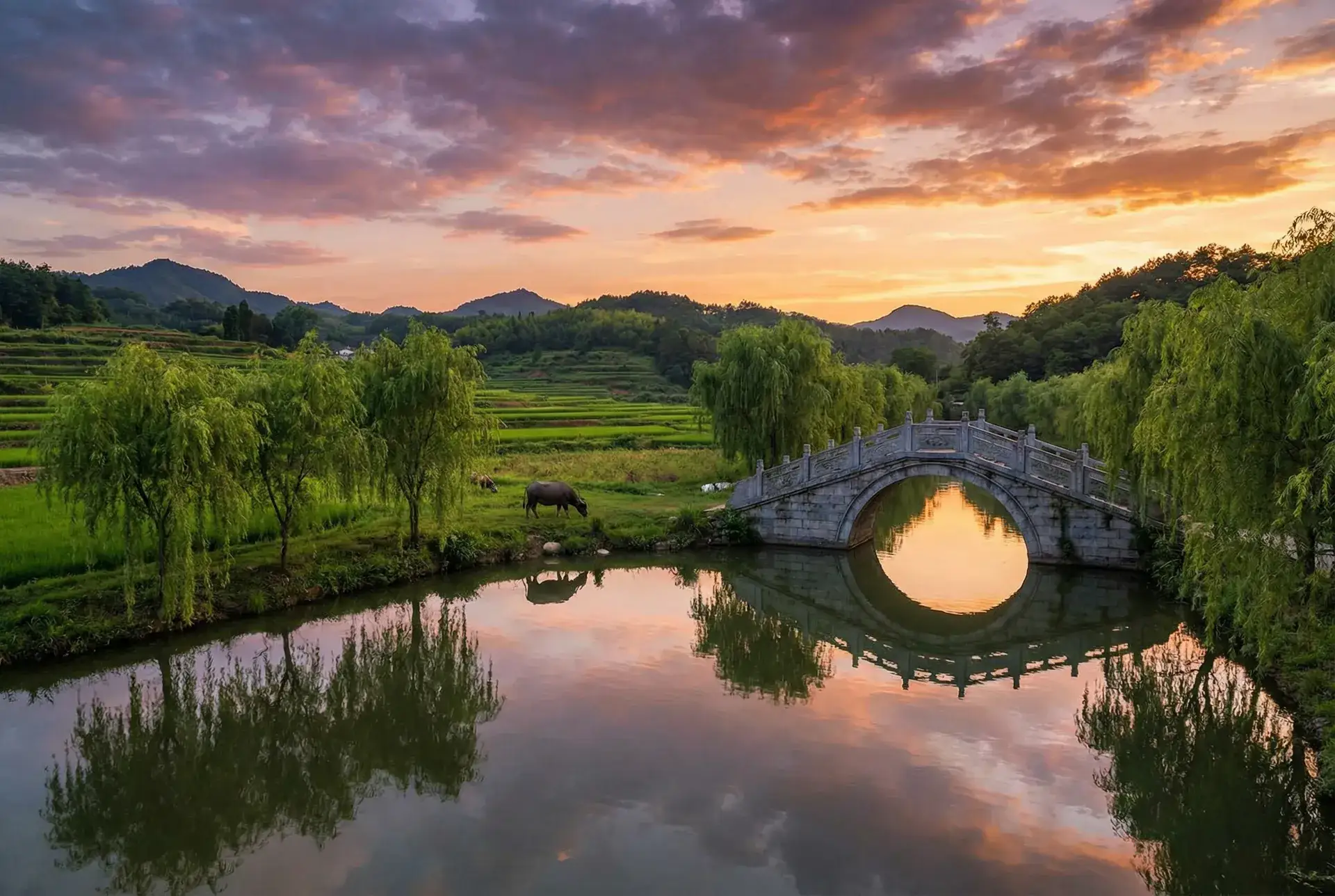 夕阳下的石拱桥与垂柳，水牛在河边吃草 - 无限在线观看视频免费 乡村美景